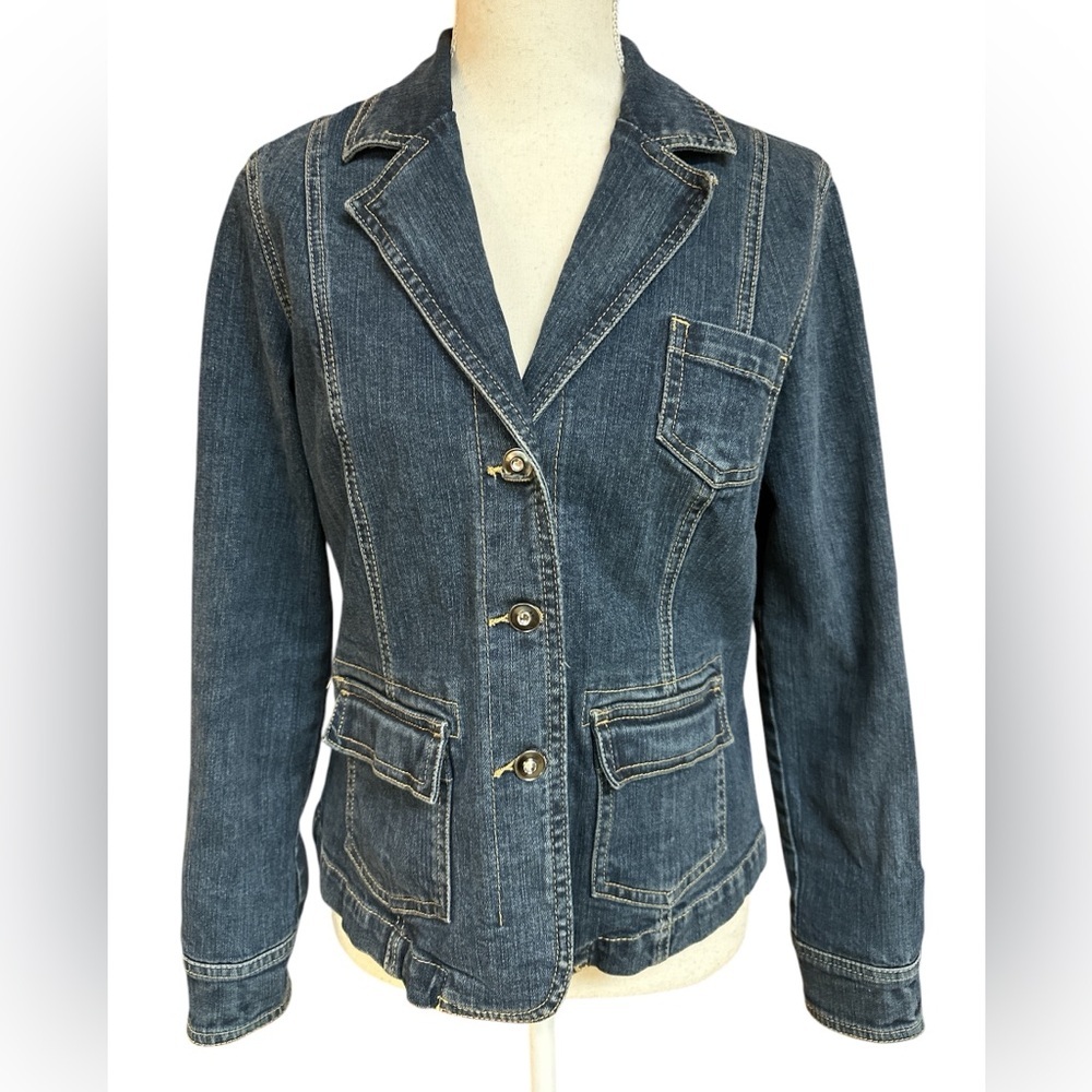 Style & Co Petite Cotton Denim Jean Blazer Jacket w Bling Rhinestone Buttons M